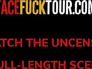 Slutty redhead college girl gags on big cock in rough throat domination