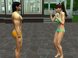 Muscular ebony bodybuilder teen with big tits fucks monster black cock by pool