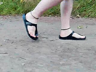 Chubby German Amateur Strolls Outdoors in Birkenstock Sandals Through Nature Trail
