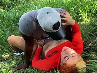 Horny Colombian flashes tits while black guy pounds her outdoors