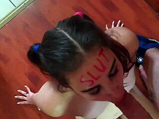 lipstick teen slut gags deepthroat on rough face fuck with slaps and spit