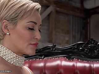 dominant milf lesbian whips bound slave's ass then anal fucks with big tits grinding