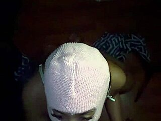 masked curvy beauty in lingerie does close-up oral on partner