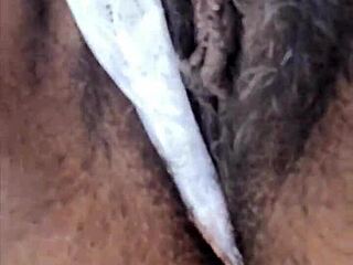 hairy latina milf pussy licked massaged then anal dildoed outdoor by mature guy