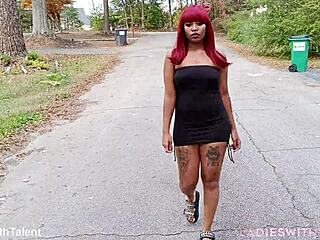 Pretty girl in sexy dress flashes outdoor teasing her curves