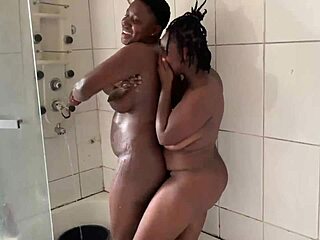 african curvy lesbians moan spreading big asses in steamy shower backstage