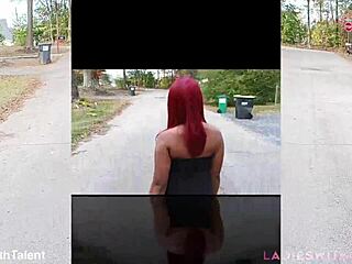 Pretty girl in sexy dress flashes outdoor teasing her curves