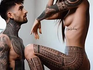 Tattooed skin glistens in intimate couple moments with artistic ink designs.