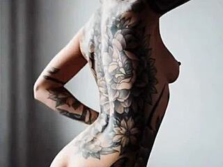 Tattooed skin glistens in intimate couple moments with artistic ink designs.