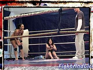 watching these muscular european lesbians bodybuilder wrestle catfight in boxing ring
