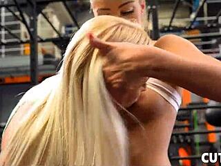 bare athletic teens finger lick pussies in sweaty gym lesbian workout