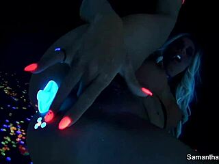 Samantha Saint fingers her big tits pussy to explosive solo orgasm