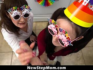 stepmom and stepsister throw naughty private party licking and fucking heartbroken stepson