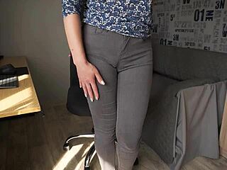 naughty fat milf colleague teases tight cameltoe pussy lips in jeans