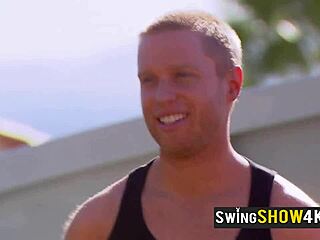 topless swinger wives play flirty outdoor orgy games with husbands