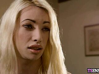 hot blonde slender shemale bends for anal assfucking from her eager assistent