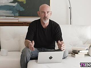 hot blonde slender shemale bends for anal assfucking from her eager assistent