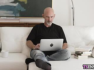 hot blonde slender shemale bends for anal assfucking from her eager assistent