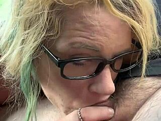 Glasses-wearing hooker sensually deepthroats then gulps every cum drop