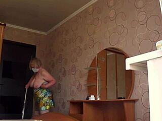 Chubby neighbor milf's saggy tits and fat ass exposed as voyeur spies through window