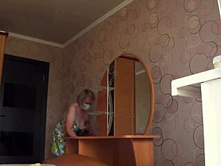 Chubby neighbor milf's saggy tits and fat ass exposed as voyeur spies through window