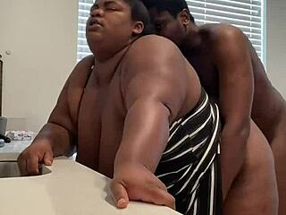 Black milf with big natural tits moans loud getting pussy licked and fucked quick in kitchen oral action