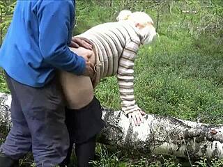 cunning blonde milf wife flashes submissive pussy in forest for voyeur cum on ass