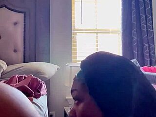 pretty fat ebony curvy slut sucks wet sloppy cock with ball licking before hardcore facial cumshot and cim spitting