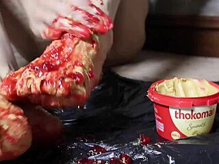 imagine peanut butter jelly smeared on my huge tits for foot fetish play