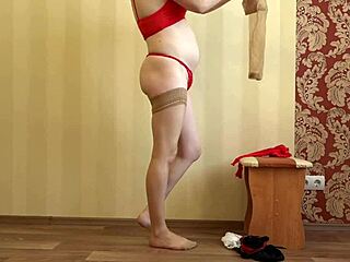 a pregnant milf tryin on nylons showin off her belly n feet for fetish fun