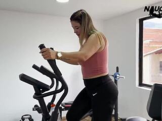 fat latina mature slut masturbates huge tits pussy with dildo in gym for lover