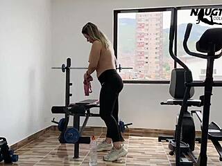 fat latina mature slut masturbates huge tits pussy with dildo in gym for lover