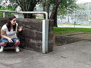 naughty old whore in stockings fulfills dirty public piss fantasy at hydroelectric plant outdoors