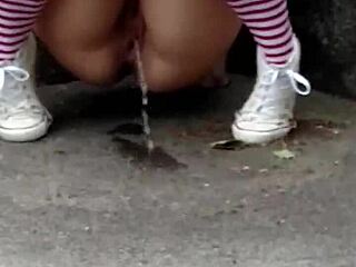 naughty old whore in stockings fulfills dirty public piss fantasy at hydroelectric plant outdoors