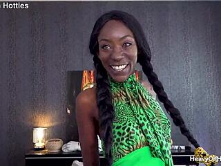 oiled ebony beauty savors every drop after deep throating