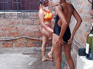 Latinas ebony brunettes feel sensual joy groping tits vaginas asses in country house bath