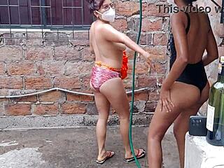 Latinas ebony brunettes feel sensual joy groping tits vaginas asses in country house bath