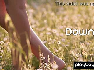 Petite Filipina Kit Rysha strips clothes outdoors posing nude in wildflower field skinny small tits