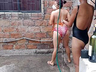 Latinas ebony brunettes feel sensual joy groping tits vaginas asses in country house bath