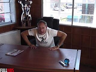 glasses milf in heels pushes cum from shaved ass after dp threeway bendover