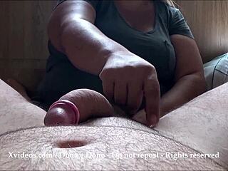 Maid Handjobs Boss's Big Cock to Massive Cumshot