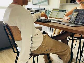 Cute brunette gf with glasses in fishnets sneaks in dorm to suck my huge cock sloppy deepthroat gagging while I try working roommate ignores her