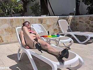 skinny tattooed redhead pixie pink rips clothes for huge anal dildo snake at villa!