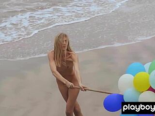 Skinny Italian milf blonde from fancy Torino strips naked on the beach playing with balloons.