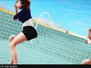 short hair girl strips bikini shaking to music in 3d