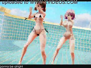 short hair girl strips bikini shaking to music in 3d