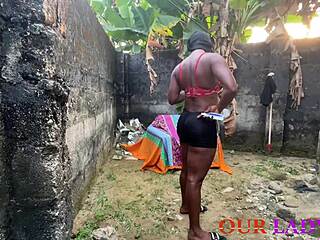 horny ebony neighbor fingers pussy then bends for outdoor bbc doggy creampie