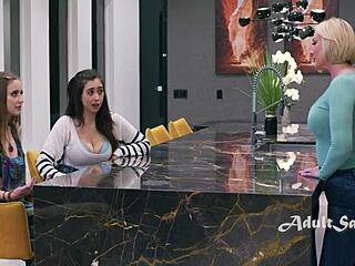 stepdaughters claim curvy brunette stepmom's juicy wet pussy ass in lesbian scissoring kiss