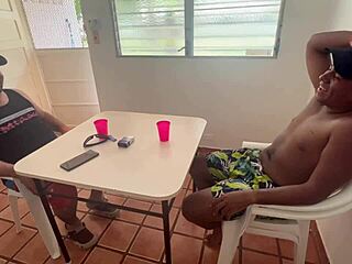 husband cooks in kitchen while tattooed latina wife with huge tits ass gets doggystyle pounded by friend on bed