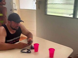 husband cooks in kitchen while tattooed latina wife with huge tits ass gets doggystyle pounded by friend on bed